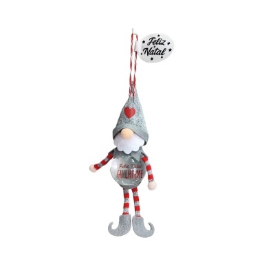 Boneco de Natal decorativo em tecido com padrão vermelho, branco e cinzento