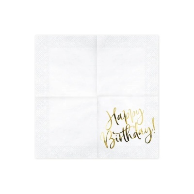 Guardanapo branco com texto dourado Happy Birthday!