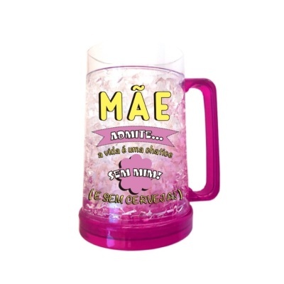 Caneca plástica transparente com base e pega rosa e texto em várias cores