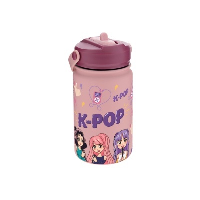 Garrafa de água rosa com design K-POP e tampa roxa.
