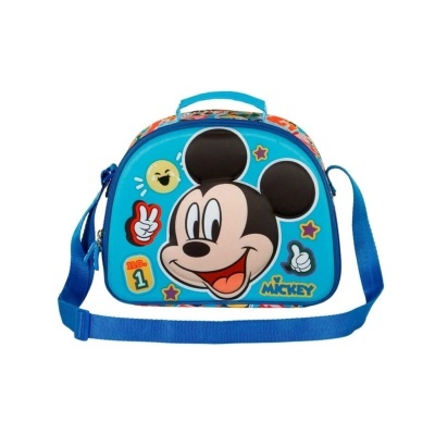 Mochila azul com estampa do Mickey Mouse e símbolos coloridos.