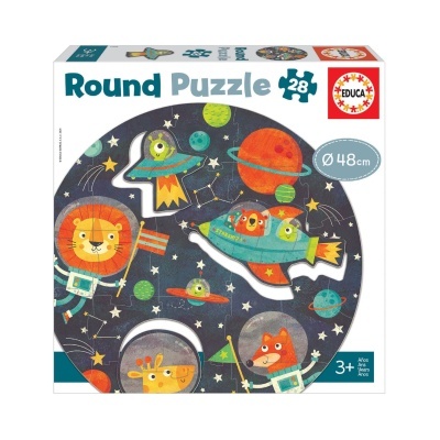 Caixa de puzzle redondo com animais em fatos espaciais e fundo estrelado.