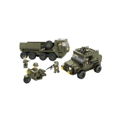 Brinquedos de construção militares verdes com veículos e figuras de soldados