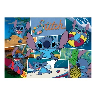 Colagem colorida com várias imagens do personagem Stitch em diferentes cenas e ambientes