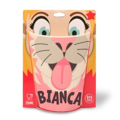 Copo infantil reutilizável com design de leão rosa e bege, 250 ml, BPA FREE.