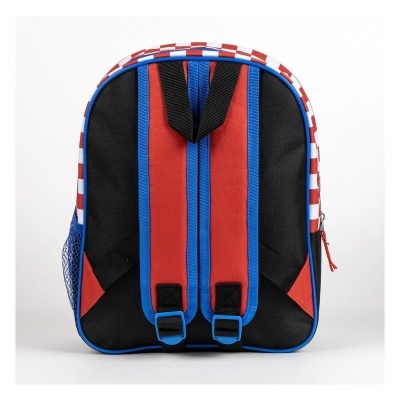mochila de criança com padrão xadrez vermelho e branco e alças vermelhas com detalhes azuis