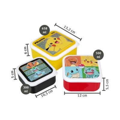 Caixas de plástico quadradas com personagens Pokémon e tampas brancas