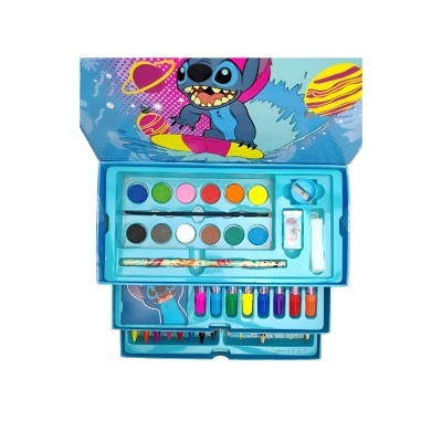 Estojo de pintura azul com múltiplas cores e personagem Stitch surfar na tampa