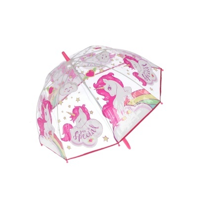 Guarda-chuva transparente com unicórnios cor-de-rosa e texto
