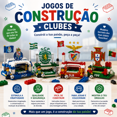Jogos de construção em plástico colorido com bandeiras e emblemas de clubes de futebol portugueses e bonecos com bolas.