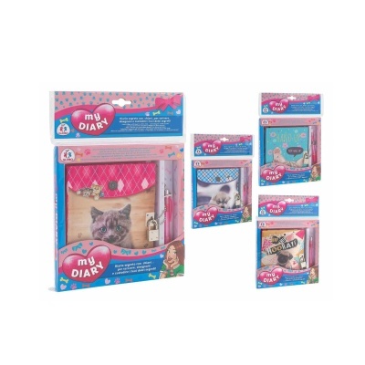 Diários secretos my DIARY com imagens de gatos e fechadura em embalagem colorida.