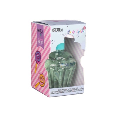 Spray corporal Candy Explosion em caixa rosa e branca com pirulitos