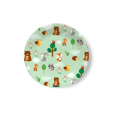Prato redondo de plástico verde claro com padrão colorido de animais da floresta.