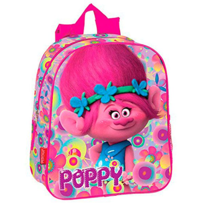 Mochila infantil rosa com personagem e texto POPPY