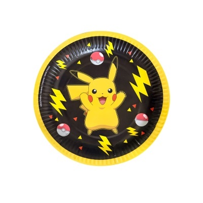 Prato de papel preto com borda amarela e Pikachu no centro