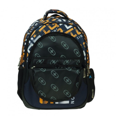 Mochila azul, amarela, branca e preta com padrão geométrico e bolsos com desenhos circulares cinza