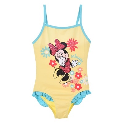 Fato de banho amarelo com Minnie Mouse e flores coloridas