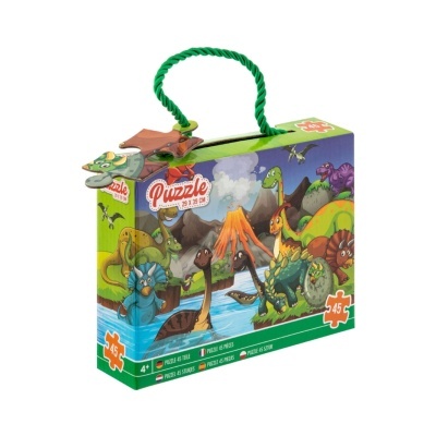 Caixa de puzzle de dinossauros com alça verde.