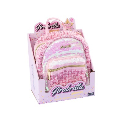 Mochila rosa com lantejoulas brilhantes e embalagem rosa Girabrilla glamour