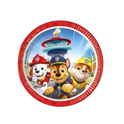 Prato descartável redondo com estampa da Patrulha Pata e borda vermelha