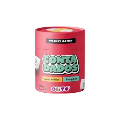 Embalagem cilíndrica vermelha do jogo CONTA DADOS com rótulos coloridos e texto visível.