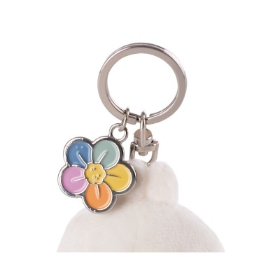 Chaveiro com flor colorida e peluche branco