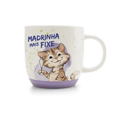 Caneca com ilustração de gato e texto MADRINHA MAIS FIXE.