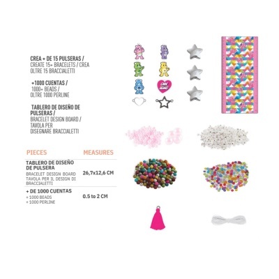 Kit para criar pulseiras com várias contas, peças decorativas, fio, borla rosa e régua colorida.