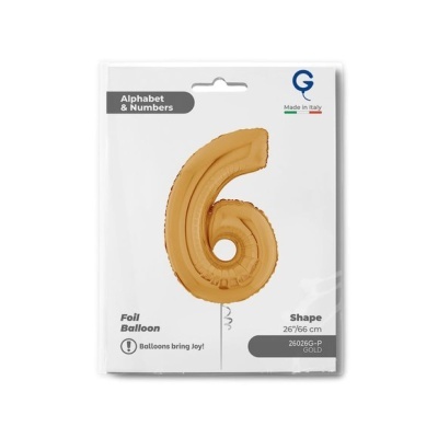 Balão dourado em forma do número 6 em embalagem branca com texto e selo de origem