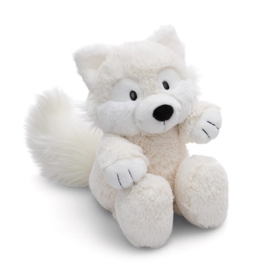 Peluche branco em forma de lobo com cauda grande e felpuda