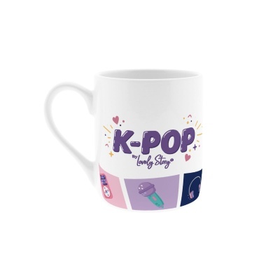 Caneca branca de cerâmica com decoração K-POP roxa e ilustrações coloridas