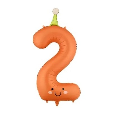 Balão número 2 cor laranja com sorriso e chapéu de festa verde