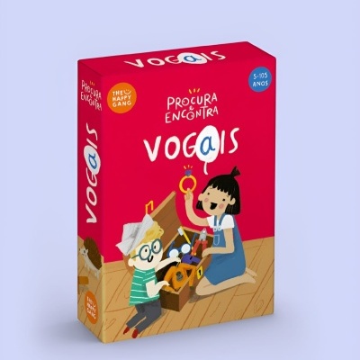 Caixa de jogo infantil vermelha com ilustração de crianças e texto Vogais