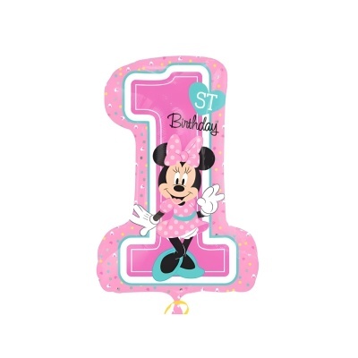 Balão formato número 1 rosa com Minnie e texto 1ST Birthday