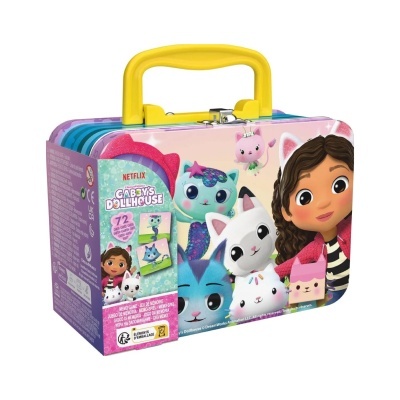 Estojo de metal colorido com pega amarela e personagens da série Gabbys Dollhouse.