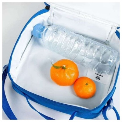 Bolsa isotérmica azul aberta com garrafa de água e duas tangerinas dentro