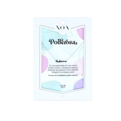 Colar de aço NOA em embalagem colorida com texto 'Poderosa' e descrição em português