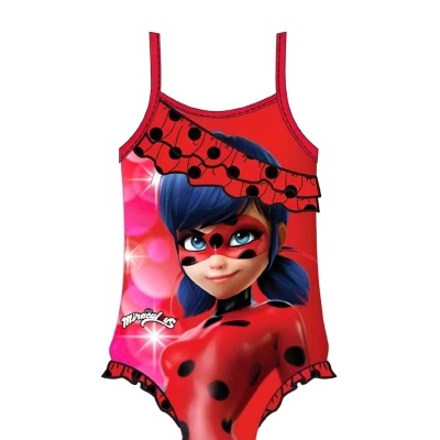 Fato de banho vermelho Ladybug com pintas pretas e folhos