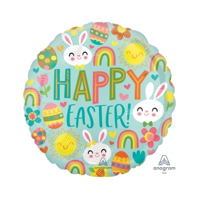 Balão de Páscoa com coelhos, ovos e texto Happy Easter