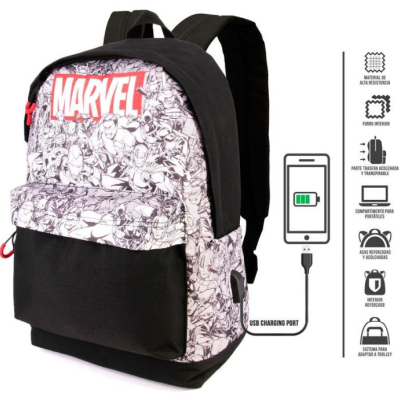 Mochila Marvel preta e branca com logótipo vermelho