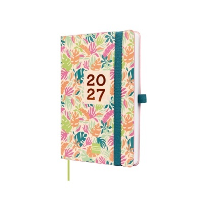 Agenda 2027 com capa de folhas coloridas e elástico azul