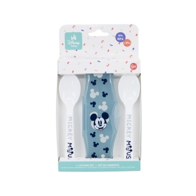 Conjunto de talheres Disney Baby com espátula azul e colheres brancas decoradas com Mickey Mouse