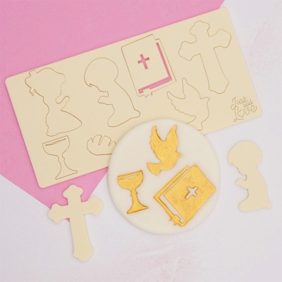 Molde de corte para bolos com formas religiosas em silicone creme e decoração dourada