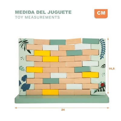 Blocos de madeira coloridos num suporte decorativo com folhas e joaninha