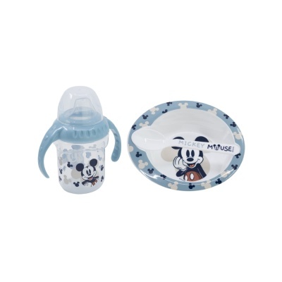 Conjunto de copo de treino e prato infantil com tema Mickey Mouse, azul e branco.