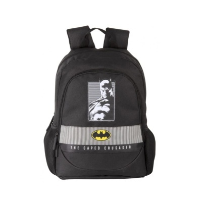 Mochila preta de Batman com imagens e texto