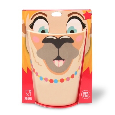 Copo reutilizável 250 ml com estampa de rosto de animal em embalagem vermelha e laranja