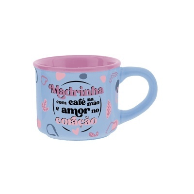 Caneca azul com interior rosa e frase escrita para madrinha