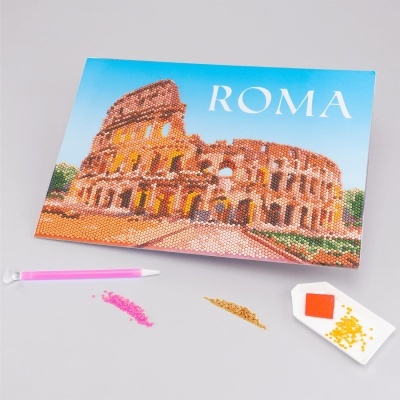 Quadro mosaico Coliseu Roma com contas coloridas e acessórios de aplicação