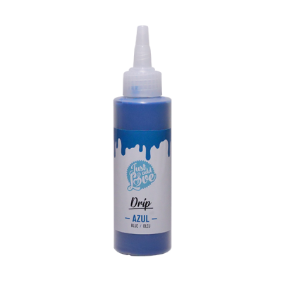 Frasco plástico com tampa bico dosador e rótulo azul e branco contendo tinta azul.